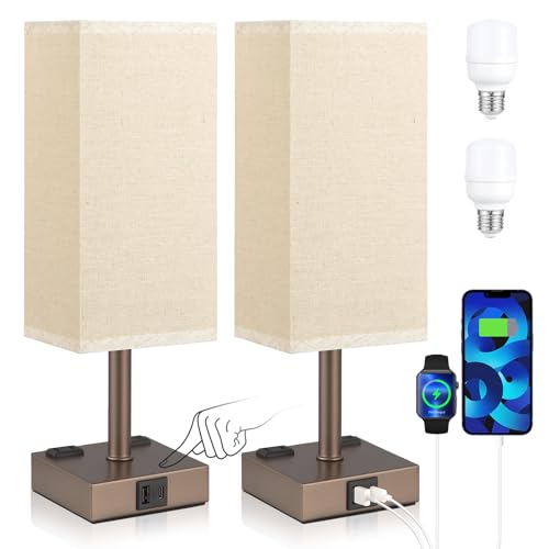 Brown Touch Lamps Set of 2 for Bedroom - Dimmable, USB C+A, 2 AC Outlets | 3-Way Dimming, 3000K LED Bulbs Included, Square Beige Lampshade Brown Base, Small Bedside Lamp for Nightstand, Desk, Dorm - color: Brown