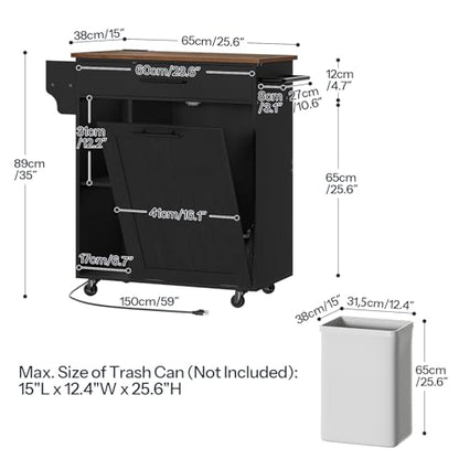 HOOBRO Kitchen Island with Trash Can Storage, Rolling Kitchen Island on Wheels, Mobile Island Cart with Power Outlet, Islands Table for 10 Gallon Garbage Bin, Rustic Brown and Black BF80UZD01G1 - color: Rustic Brown + Black