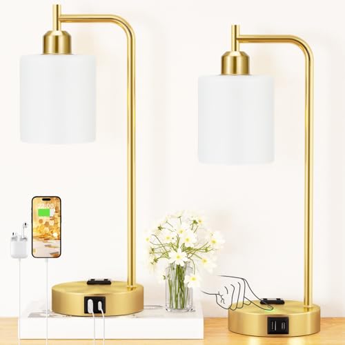 Innqoo Industrial Gold Table Lamps for Bedrooms Set of 2-3-Way Dimmable Desk Lamp with USB C+A Ports and Outlet, Gold Lamps with Opal Glass Shade for Living Room, Desk Lamps for Home Office - color: I-Gold Base& Opal Glass