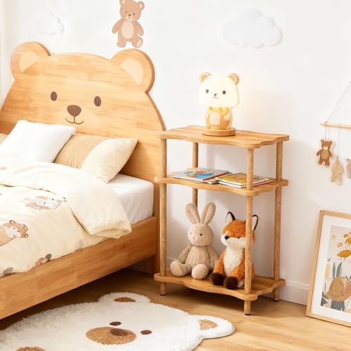 THUMEYE 3-Tier Side Table, 15.7”x11.8”x23” Space-Saving End Table with Solid Wood Legs, Tool-Free Assembly Nightstand for Bedroom Living Room, Burlywood - color: Burlywood