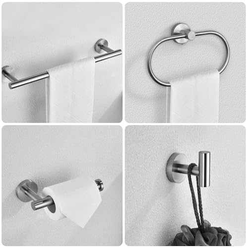 7 PCS Bathroom Hardware Set, Brushed Nickel Stainless Steel Bathroom Tower Rack Set Wall Mounted Includes 16" Towel Bar, Toilet Towel Paper Holder, Towel Ring, 4 Robe Towel Hooks - color: 7pcs-brushed Nickel