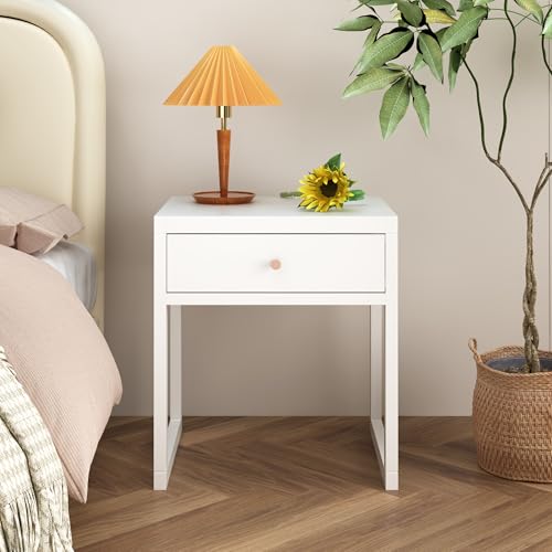 Modern Minimalist White Nightstand with Drawer - Compact Bedside Table for Small Spaces, Easy Assembly, Sturdy MDF Wood, Smooth Painted Finish - Perfect for Bedroom or Apartment