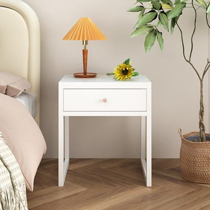 Modern Minimalist White Nightstand with Drawer - Compact Bedside Table for Small Spaces, Easy Assembly, Sturdy MDF Wood, Smooth Painted Finish - Perfect for Bedroom or Apartment