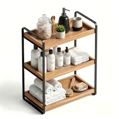 LEMIKKLE Bathroom Counter Organizer with Basket, Bathroom Organizers and Storage,Skincare Organizers for Vanity,Storage Organizers for Bathroom, Kitchen, Dresser (3-Layer) - color: 3-layer Wood Rack-01