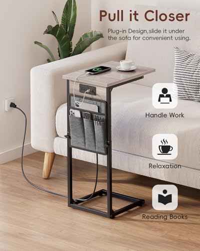 C-Shaped End Tables Set of 2 with Charging Station, 33'' Tall C Table Adjustable Height Side Table, Sofa Table for Couch, Couch Table that Slide Under Sofa, TV Trays for Living Room, Greige - color: 2pc Greige, style: With Plug