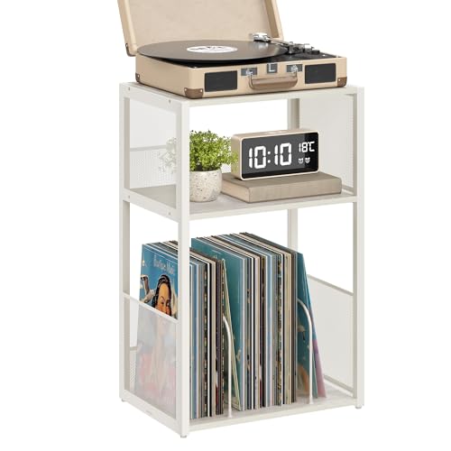 VASAGLE Record Player Stand, 3-Tier Side Table, Vinyl Record Storage up to 100 Albums, End Table for Living Room, Bedroom, Rustic White ULET275W01 - color: Rustic White