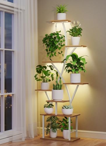 Plant Stand Indoor with Grow Lights - 64" Tall Plant Shelf Lighted Corner Plant Stands for Indoor Growing Multiple Metal 8 Tiered Large S-Shape Flower Holder Plant Rack for Home Decor Patio White - color: White-64"