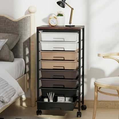 Rolling Cart with 8 Drawers, Storage Drawers Cart with Wooden Tabletop and Lockable Wheels, Craft Storage for Living Room, Office, Classroom, Craft Room, Bedroom (Brown) - color: Brown