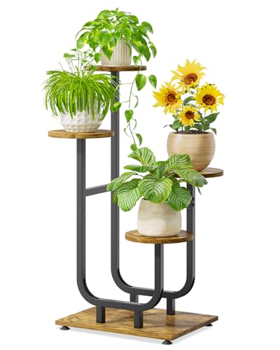 iDavosic.ly 4 Tier Plant Stand Indoor, Corner Tiered Multiple Flower Holder Shelf with Wooden Trays, Orchid Display Metal Rack for Patio Porch Living Room Balcony Outdoor, Modern Black & Rustic Brown - color: Rustic Brown, size: 4 Tiers