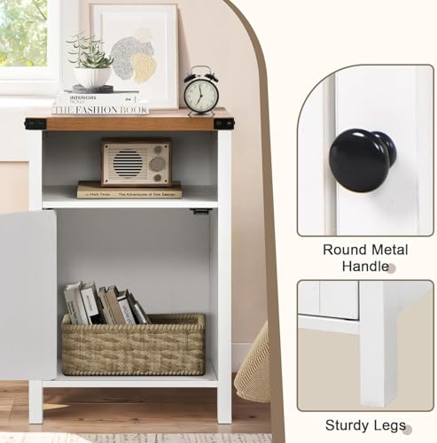 Farmhouse End Table, Nightstand with Barn Door,Set of 2,Cream White | End Tables wirh Shelf,Wooden Sofa Side Table, Modern Bed Side Table Rustic Nightstands, Bedroom, Living Room - color: White