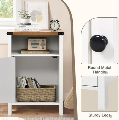 Farmhouse End Table, Nightstand with Barn Door,Set of 2,Cream White | End Tables wirh Shelf,Wooden Sofa Side Table, Modern Bed Side Table Rustic Nightstands, Bedroom, Living Room - color: White