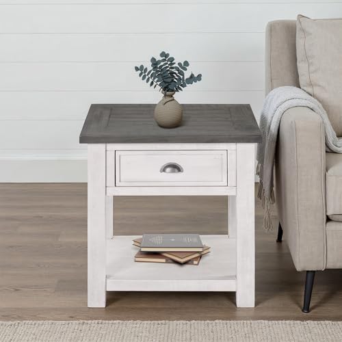 Martin Svensson Home Monterey Solid Wood End Table White with Grey Top | Farmhouse Rustic, Coastal Side Table, Drawer and Storage Shelf - color: White and Grey