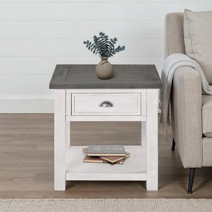 Martin Svensson Home Monterey Solid Wood End Table White with Grey Top | Farmhouse Rustic, Coastal Side Table, Drawer and Storage Shelf - color: White and Grey
