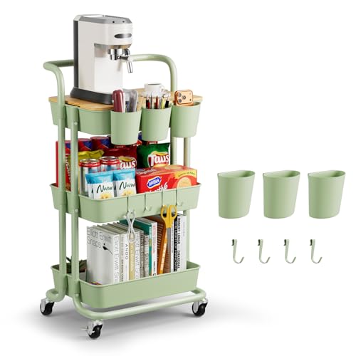 3 Tier Rolling Cart, Multifunctional Storage Cart with Table Top, Lockable Wheels, Heavy Duty Metal Frame Utility Cart for Kitchen, Bathroom, Office, Bedroom (Green) - color: Green