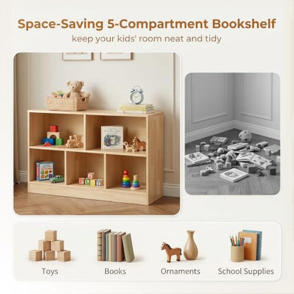 Montessori Toy Storage Organizer,Rubber Wood Kids Storage Bookshelf with 5 Compartments,Wooden Kids Storage Bookcase Cabinet for Toddler Playroom, Bedroom (Natural, 2-Tier, Rectangular-Medium)