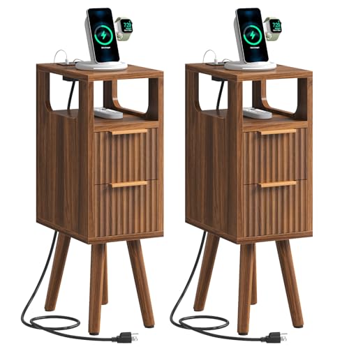 Narrow Nightstand Set of 2 with Charging Station, Small Side Table, Walnut | 7.9" Wide Fluted Design, 2 Drawers, Solid Wood Feet, Open Shelf, USB & AC Charging, Slim End Table for Small Spaces, Bedroom - color: Walnut-2 Pcs