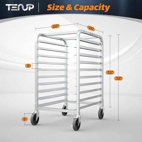 TenUp 10-Tier NSF Aluminum Sheet Pan Rack, Commercial Bakery Cooling & Storage Cart with Wheels, Heavy-Duty Bun Rack – 26" L x 20" W x 38" H - size: Full Size 10-Tier