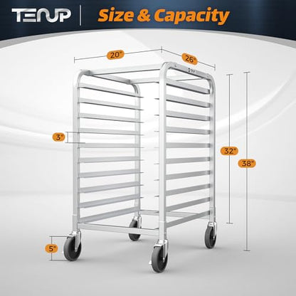 TenUp 10-Tier NSF Aluminum Sheet Pan Rack, Commercial Bakery Cooling & Storage Cart with Wheels, Heavy-Duty Bun Rack – 26" L x 20" W x 38" H - size: Full Size 10-Tier