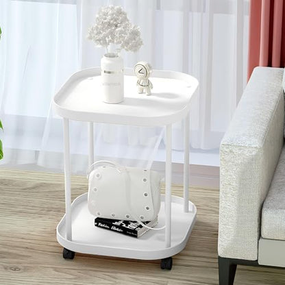 Side Table with Wheels, End Table Living Room Plastic Mobile Sofa Side Table Small Night Stand Bedroom Matte White - color: White, size: 1 Pack