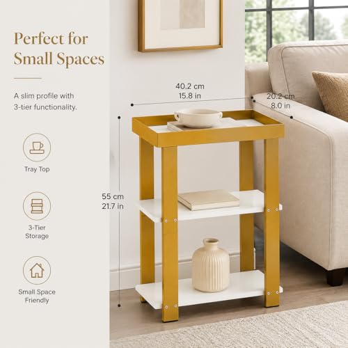 Modern 3-Tier Gold Side Table, Narrow End Table with White Tray Top Shelves, Slim Nightstand Bedside Table for Small Spaces, Living Room, Bedroom, Bathroom Storage Organizer Stand (White+Gold) - color: White + Gold