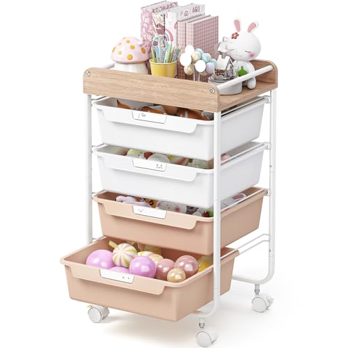 SYKIARIOL Rolling Storage Utility Cart with 4 Drawers,Kids Craft Art Cart,Makeup Organizer and Storage with Wooden Tabletop,Pearl - color: Pearl, size: 4-Drawers