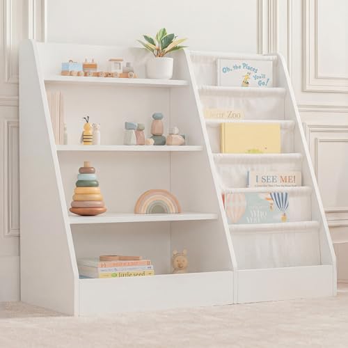 Comfy Cubs Kids Bookshelf 35.2 x 15.7 x 31.5 Inches - Sturdy MDF Montessori Book Shelf with Soft & Hard Shelves for Toys & Books - Child-Friendly, Easy Access Storage Organizer for Kids - White - color: White