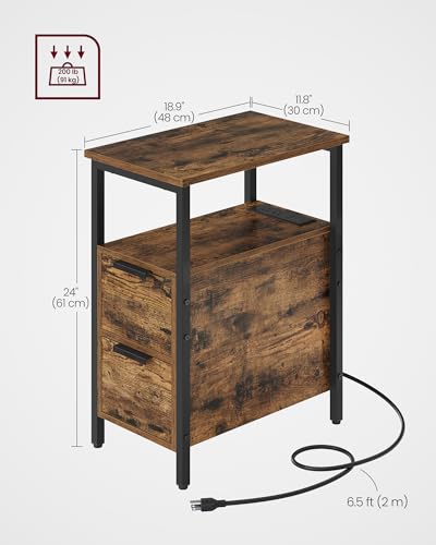 VASAGLE Side End Table with Charging Station, Slim Nightstand with 2 Drawers, Narrow Bedside Table for Living Room, Small Spaces, 18.9 x 11.8 x 24 Inches, Rustic Brown and Ink Black ULET324K101S - color: Rustic Brown + Ink Black, size: 18.9"D x 11.8"W