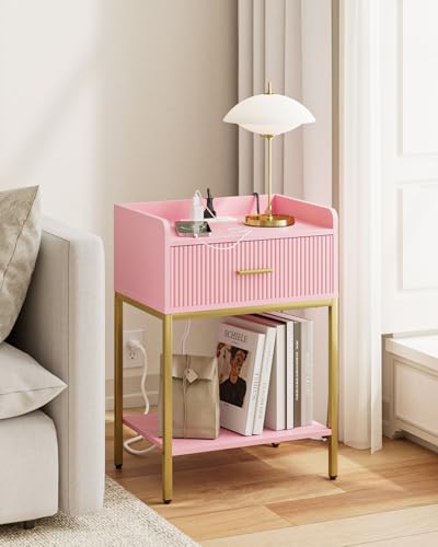 Nightstand with Charging Station, 3-Tier Bed Side Table, Small End Table, Night Stand with Open Shelf and Drawer, Bedside Table for Bedroom, Living Room, Pink - color: Pink, style: With Charging Station