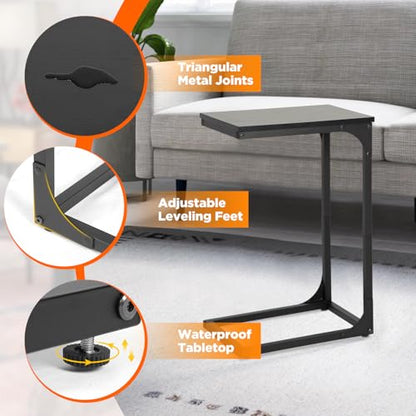 FDW C-Shaped End Table Wooden Top Side Table Adjustable Feet Small Cough Table Bedside End Table with Metal Frame for Bedroom Living Room,Set of 2,Black - color: Black