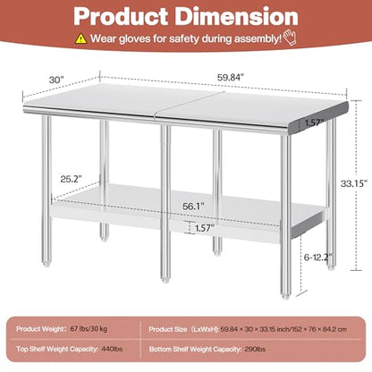 Jocisland 30" x 60" Stainless Steel Table for Prep & Work, Food-Grade Stainless Steel Adjustable Under Shelf and Feet, for Commercial Kitchen, Restaurant, Hotel, Garage - size: 30x60 in, style: Rounded Table Corner
