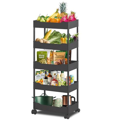 5-Tier Plastic Rolling Utility Cart, Rolling Storage Cart, Narrow Shelf, Bathroom Organizer Rolling Utility for Office, Kitchen,Bathroom,Living Room,Laundry Room