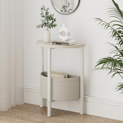 Vagusicc Small Round Side Table End Table, Tall Accent Table with Storage Basket, Set of 2 Half Round Tables Half Moon Tables, Coffee Bedside Tables, Modern Nightstand for Living Room Bedroom, Cream - color: Cream White