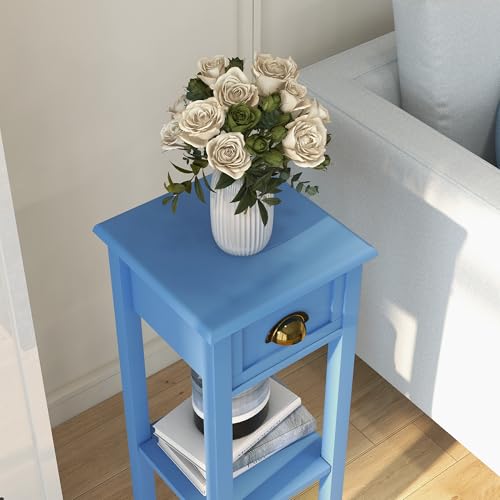 HOMCOM Narrow End Table with Drawer and Bottom Shelf Set of 1 Light Blue | Tall Telephone Table, Skinny Modern Design, for Small Spaces, Living Room - color: Light Blue