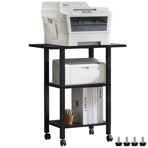 YUFAM 3 Tier Home Printer Stand with Storage, Black | Wooden Mobile Printer Table Shelf, Rolling Printer Cart Shelf with Lockable Wheels fit Fax Machine, Scanner - color: Black, size: 15.75"D×23.65"W×25.7"H