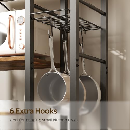 YATINEY Movable Bakers Rack, Microwave Stand with Charging Station, Kitchen Storage Rack with Hooks and Basket, Casters and Adjustable Feet, for Small Space, Kitchen, Dining Room, Rustic Brown HB04UBR - color: Rustic Brown + Black