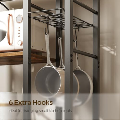 YATINEY Movable Bakers Rack, Microwave Stand with Charging Station, Kitchen Storage Rack with Hooks and Basket, Casters and Adjustable Feet, for Small Space, Kitchen, Dining Room, Rustic Brown HB04UBR - color: Rustic Brown + Black