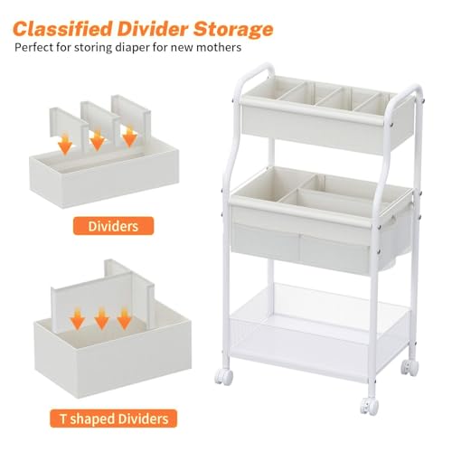 3-Tier Diaper Caddy Organizer & Rolling Cart,Metal Utility Cart with 4+2 Dividers & Lockable Silent Casters, Mobile Storage Cart for Nursery Essentials, Multi-Purpose for Kidsroom Changing Table