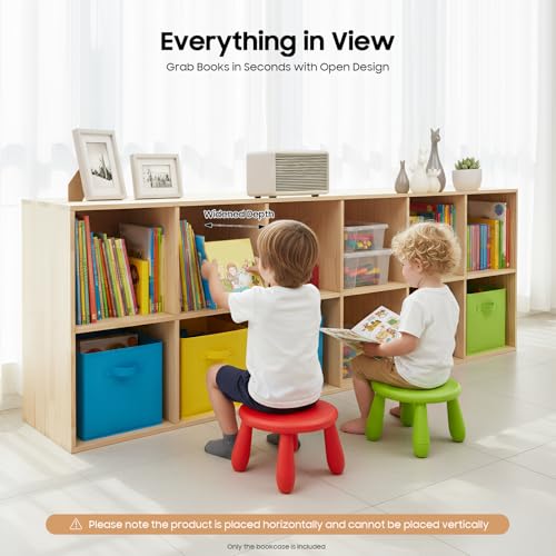 12 Cube Bookcase, 2-Tier Solid Wood Storage Organizer, Floor Standing Display Cabinet Bookshelf with Back Panels, Open Shelf for Bedroom, Living Room, Office 70.8"W X 11.8"D X 23.6"H (Wood)