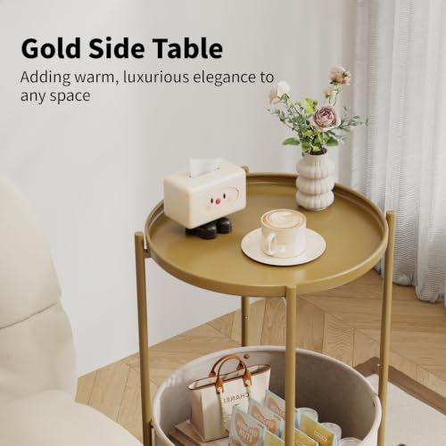 Small Round Side Table with Felt Storage Basket and Removable Tray | Accent Table, Metal End Table with Adjustable Feet, Side Table for Nursery, Bedroom, Living Room, Laundry Room, Gold - color: Gold