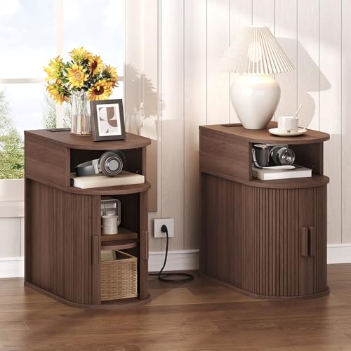 RALGEND Narrow End Table with Charging Station, Fluted Sofa Side Table with Sliding Curved Door and Storage Shelf, Mid-Century Bedside Table, Modern Nightstand for Living Room, Bedroom, Walnut - color: Walnut