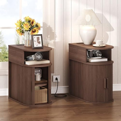 RALGEND Narrow End Table with Charging Station, Fluted Sofa Side Table with Sliding Curved Door and Storage Shelf, Mid-Century Bedside Table, Modern Nightstand for Living Room, Bedroom, Walnut - color: Walnut