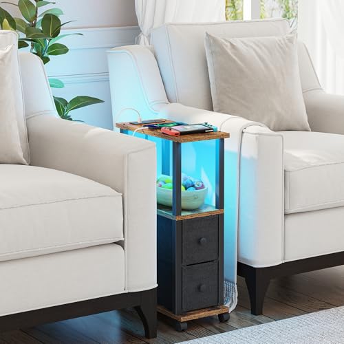 TUTOTAK Small Narrow End Tables, LED Side Tables with 2 Fabric Drawers, Set of 2, Bedside Tables with Charging Station for Small Spaces, Slim Nightstands with USB Ports and Wheels, TB01BB053L - color: Brown, style: with LED Light & Outlets