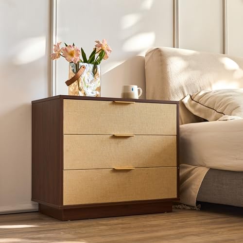 Saint Mossi Modern Nightstand with 3 Drawers, Large Rattan Night Stand, Natural Wood Bedside Table Storage Cabinet, Sofa End Tables Dresser for Living Room, Hallway, Closet, D27xW16xH23 - size: 1 Set 3 Drawer
