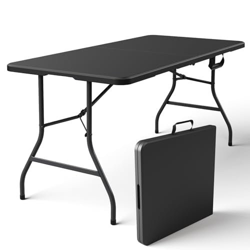 Folding Table 5FT Heavy Duty Plastic Table with Handle, Foldable&Portable, Fold-in-Half Utility Tables for Outdoor, Dining, Wedding, Events, Indoor, Picnic, Camping, Party, Coffee Black - color: Black, size: 5FT