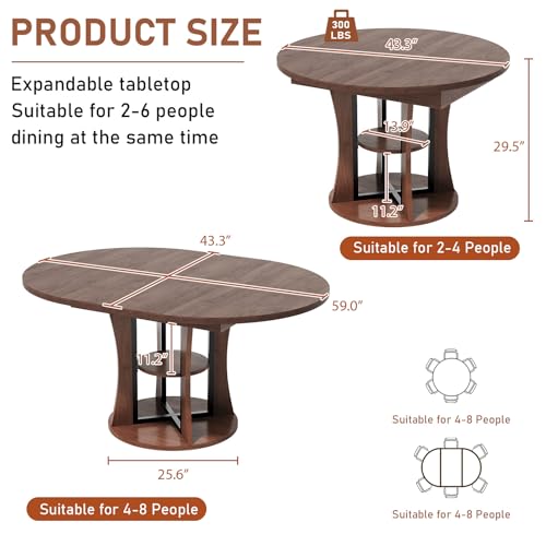 Extendable Round Dining Table for 4-6-8, 43.3-59in Expandable Kitchen Table with Storage Shelf, Space Saving Circle Oval Dining Table with Leaf for Kitchen, Dining Room, Walnut - color: Walnut