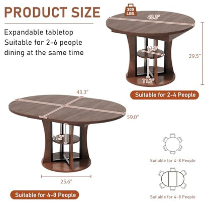 Extendable Round Dining Table for 4-6-8, 43.3-59in Expandable Kitchen Table with Storage Shelf, Space Saving Circle Oval Dining Table with Leaf for Kitchen, Dining Room, Walnut - color: Walnut