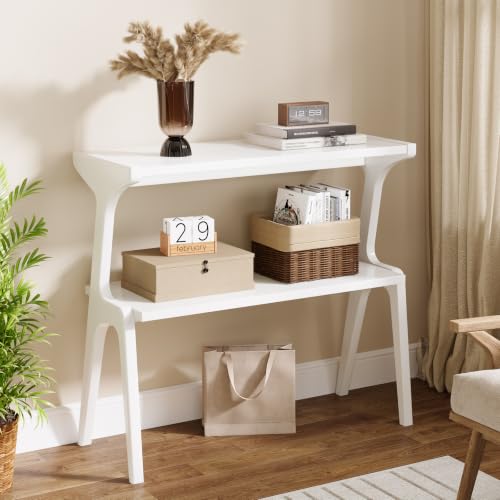 Tribesigns 2-Tier Solid Wood Side Table, Modern White End Table with Storage Shelves, Tall Slim Side Table for Couch with Unique Legs, Long Bedside Table for Bedroom, Living Room - color: White