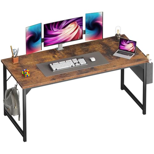 OLIXIS 63 Inch Computer Desk for Home Office, Writing Study Craft Gaming Table, Modern Computer Workstation with Storage Bag and Headphone Hook for Bedroom Small Spaces, Rustic Brown - color: Rustic Brown, size: 63 Inch with Hook