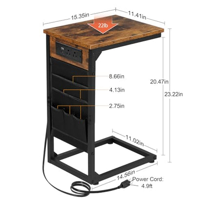 AMHANCIBLE C Shaped End Table with Charging Station, Couch Side Tables that Slide Under Sofa with Storage Bag, Slim TV Tray with USB Ports for Living Room, Bedroom, Rustic Brown HET04CBR - color: Rustic Brown