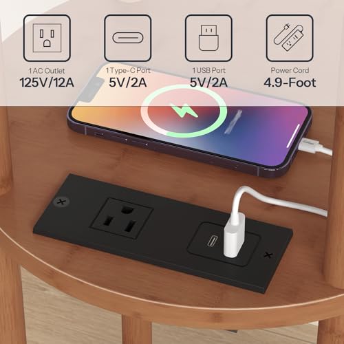 HOOBRO Set of 2 Small Round Side Tables with Charging Station, 3-Tier Round Bamboo End Tables, Easy Assembly, for Living Room, Bedroom, Apartment, Walnut WL152UBZP201 - color: Walnut